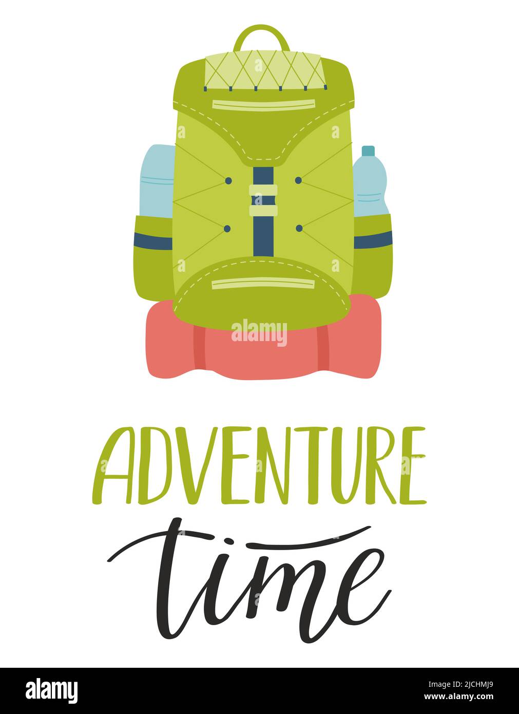 A travel backpack with a water bottle and pockets. A handwritten phrase - Adventure time. A card with a symbol of hiking, camping, outdoor recreation, Stock Vector