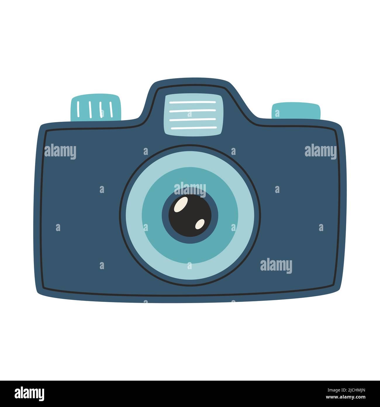SLR camera. A photographic device with zoom and flash. A symbol of travel, adventure. Flat vector illustration isolated on white background. Stock Vector