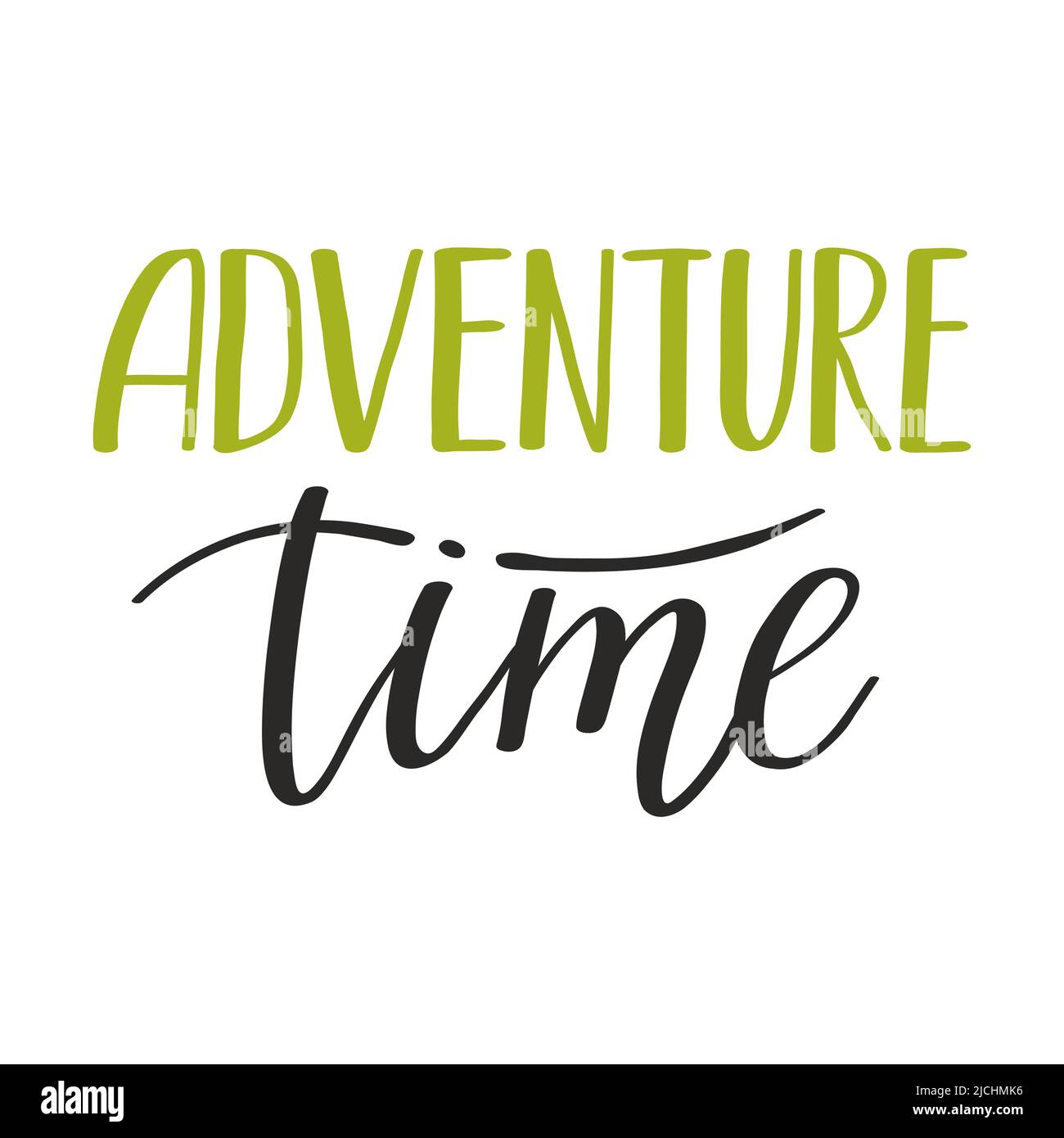 A handwritten phrase - Adventure time. Motivational quote typography. Text element for cards, posters, banners on camping, tourism, hiking. Color flat Stock Vector