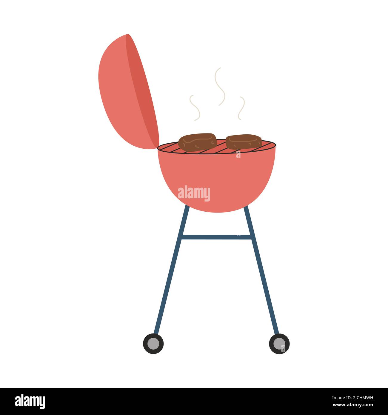 Barbecue, grill with roasting meat, steak. Barbecue equipment for a party, picnic, backyard. Cooking on coals. Flat vector illustration isolated on a Stock Vector