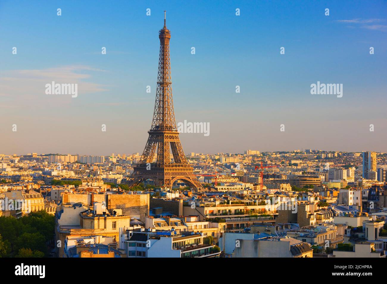 Paris cityscape with Eiffel Tower at sunset, Ile-de-France, France Stock Photo