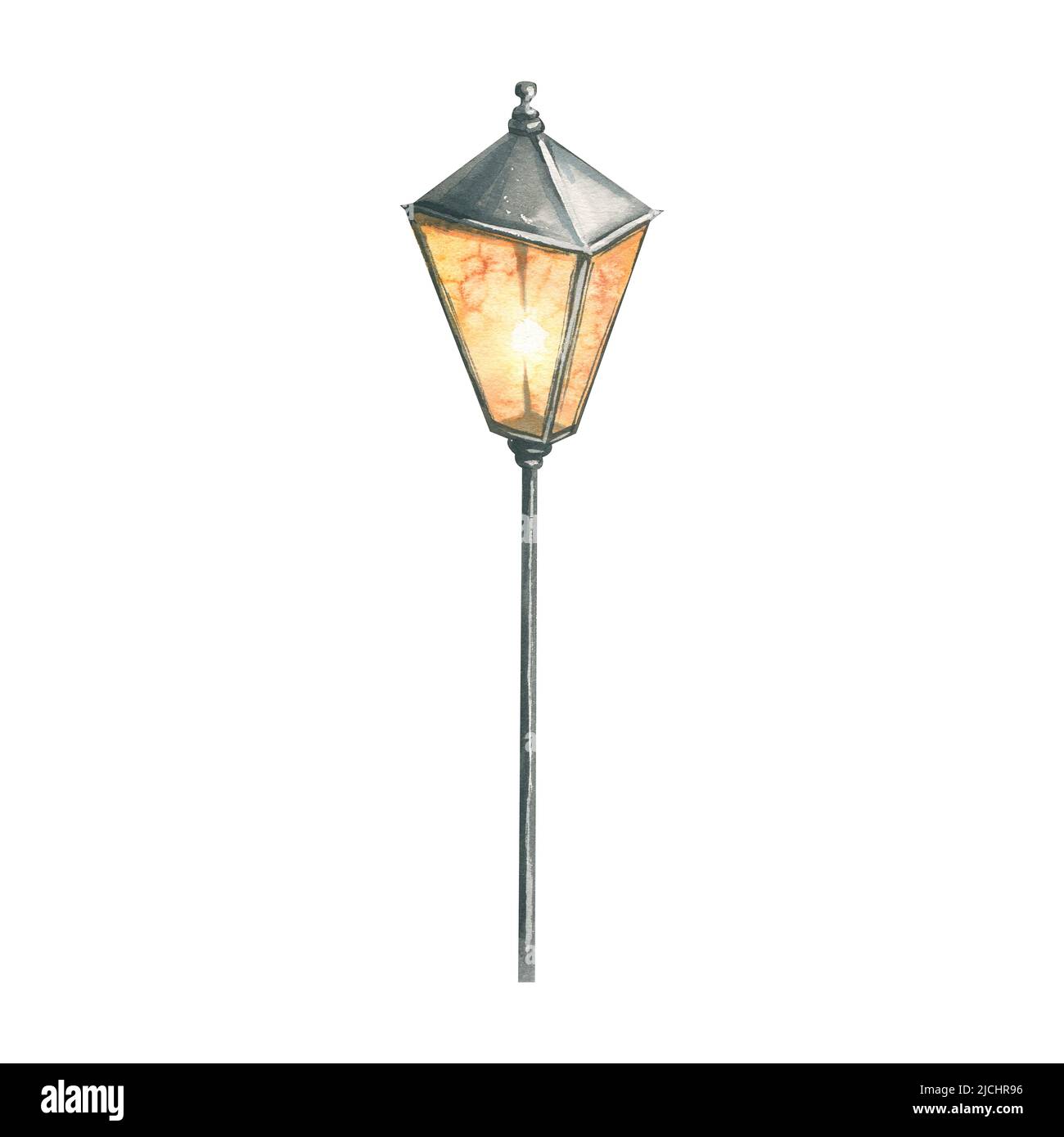 Watercolor illustration of a street lamp. A burning lantern on a pole, simple, black, isolated. For decoration, design, postcards, prints, wallpaper. Stock Photo