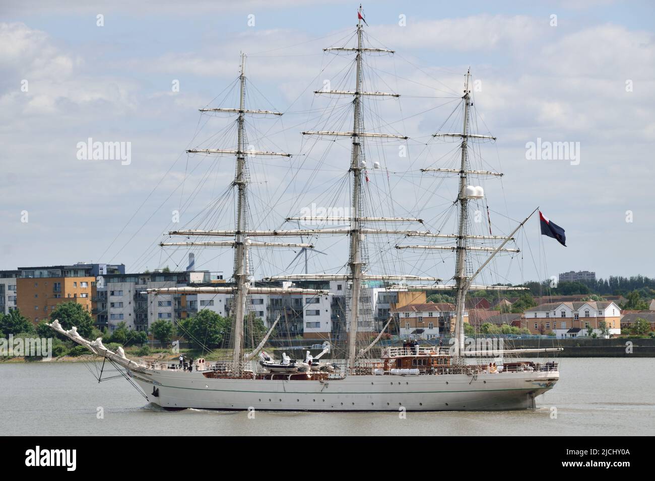 Royal Navy of Oman sail training ship Shabab Oman II heading on the river Thames in London Stock Photo