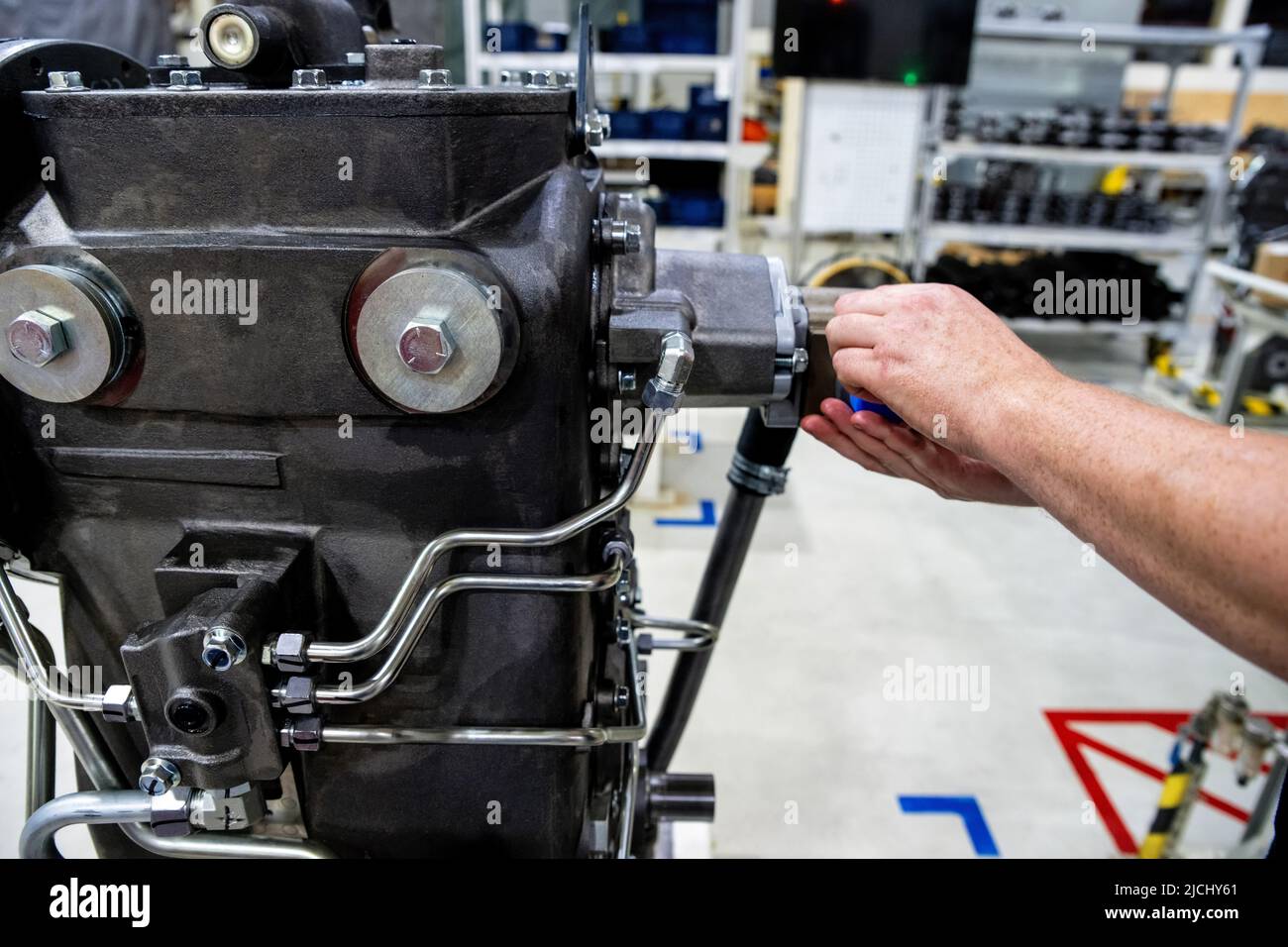 Close up assembled tractor transmission on modern tractor at