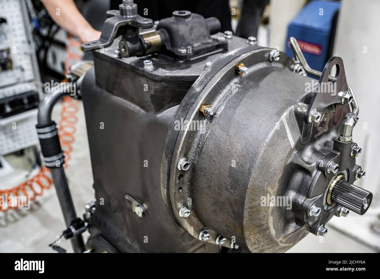 Close up assembled tractor transmission on modern tractor at