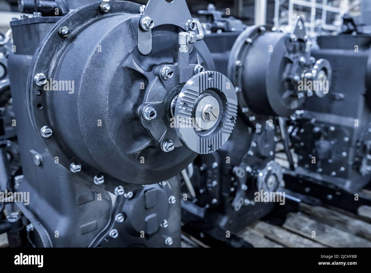 Close up assembled tractor transmission on modern tractor at