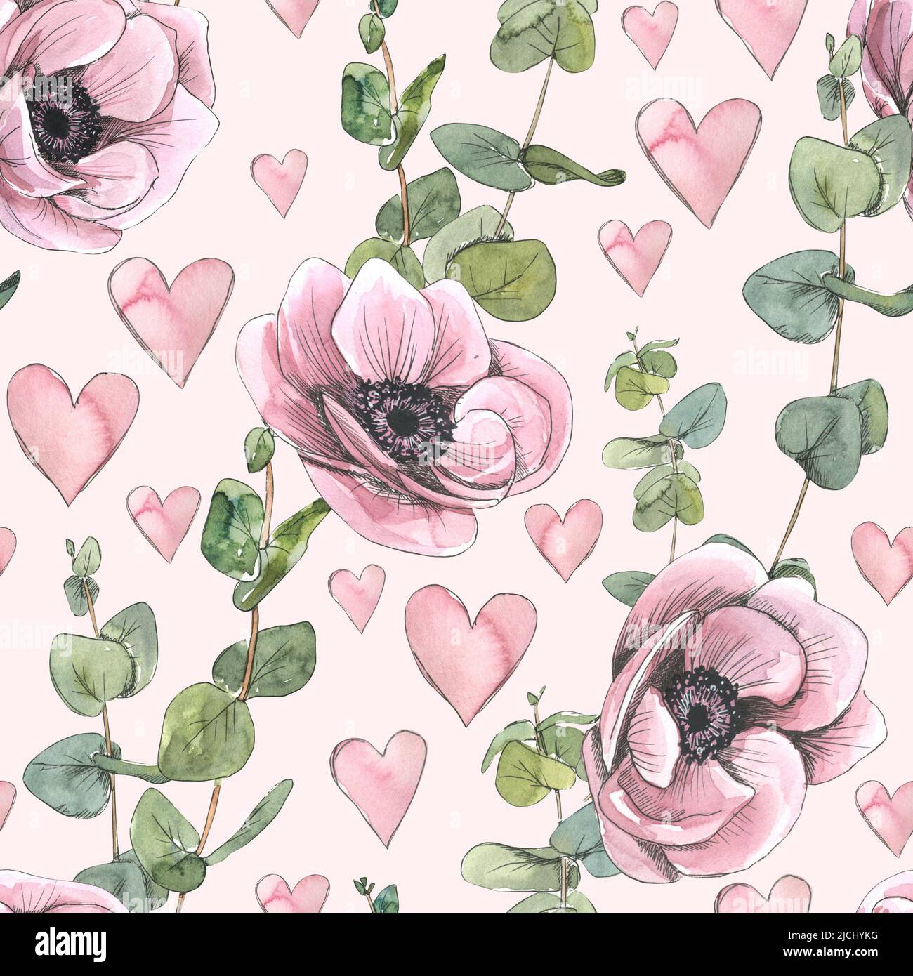 Lilac anemones with eucalyptus twigs and pink hearts. Watercolor illustration in sketch style. Seamless pattern from a large set of PARIS. For fabric, Stock Photo
