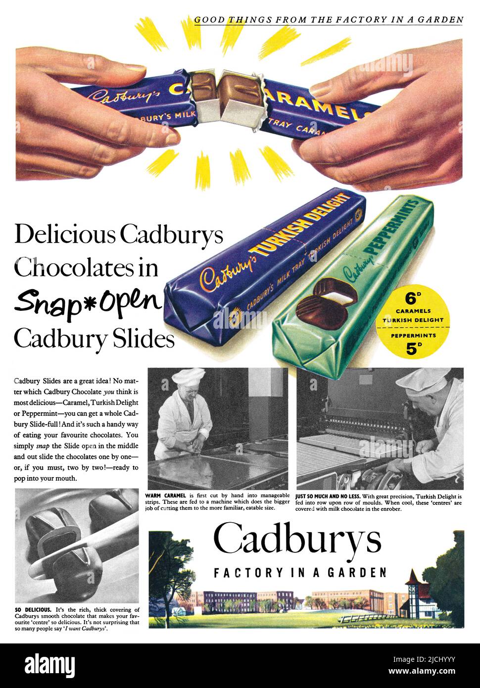1955 British advertisement for Cadbury's chocolate bars, showing the factory at Bournville. Stock Photo
