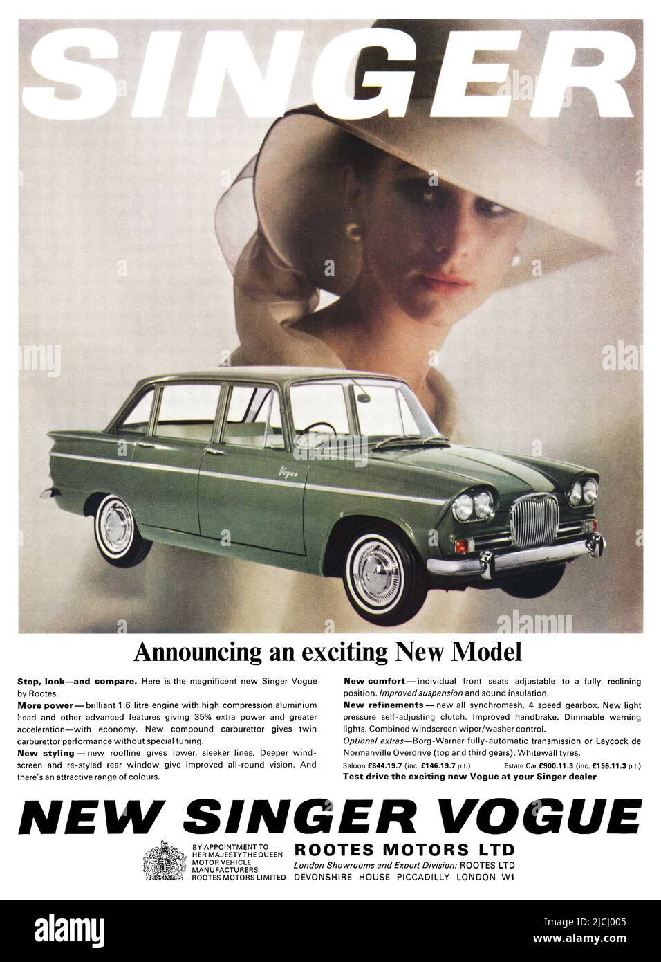 1964 British advertisement for the Singer Vogue motor car. Stock Photo