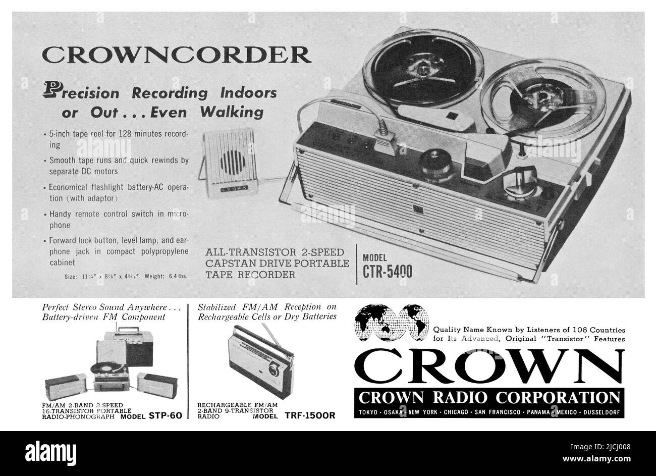1964 U.S. advertisement for a Crown Radio Corporation Crowncorder reel-to-reel tape recorder. Stock Photo