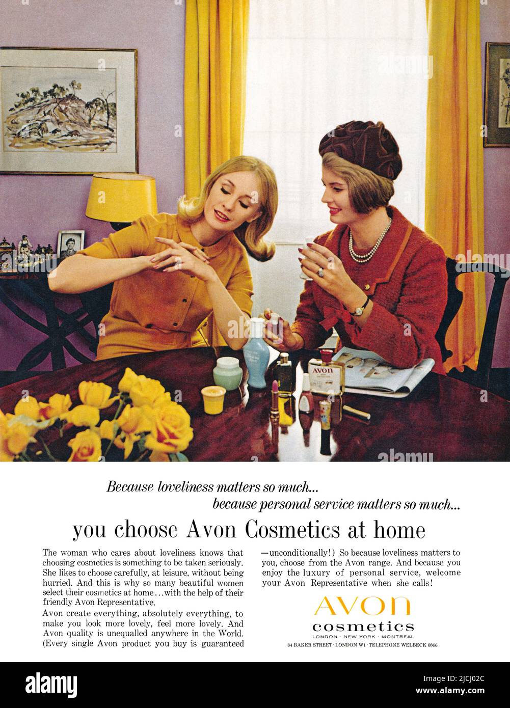 1965 British advertisement for home visits by Avon cosmetics representatives. Stock Photo