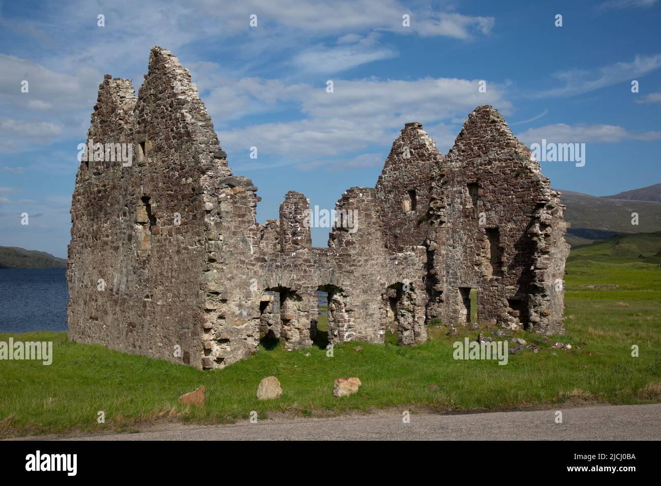 The ruins of Calda House on the Shores of Loch Assent in the Scottish Highlands. On The North Coast 500, NC500, Tourist Trail in  Scotland. Stock Photo