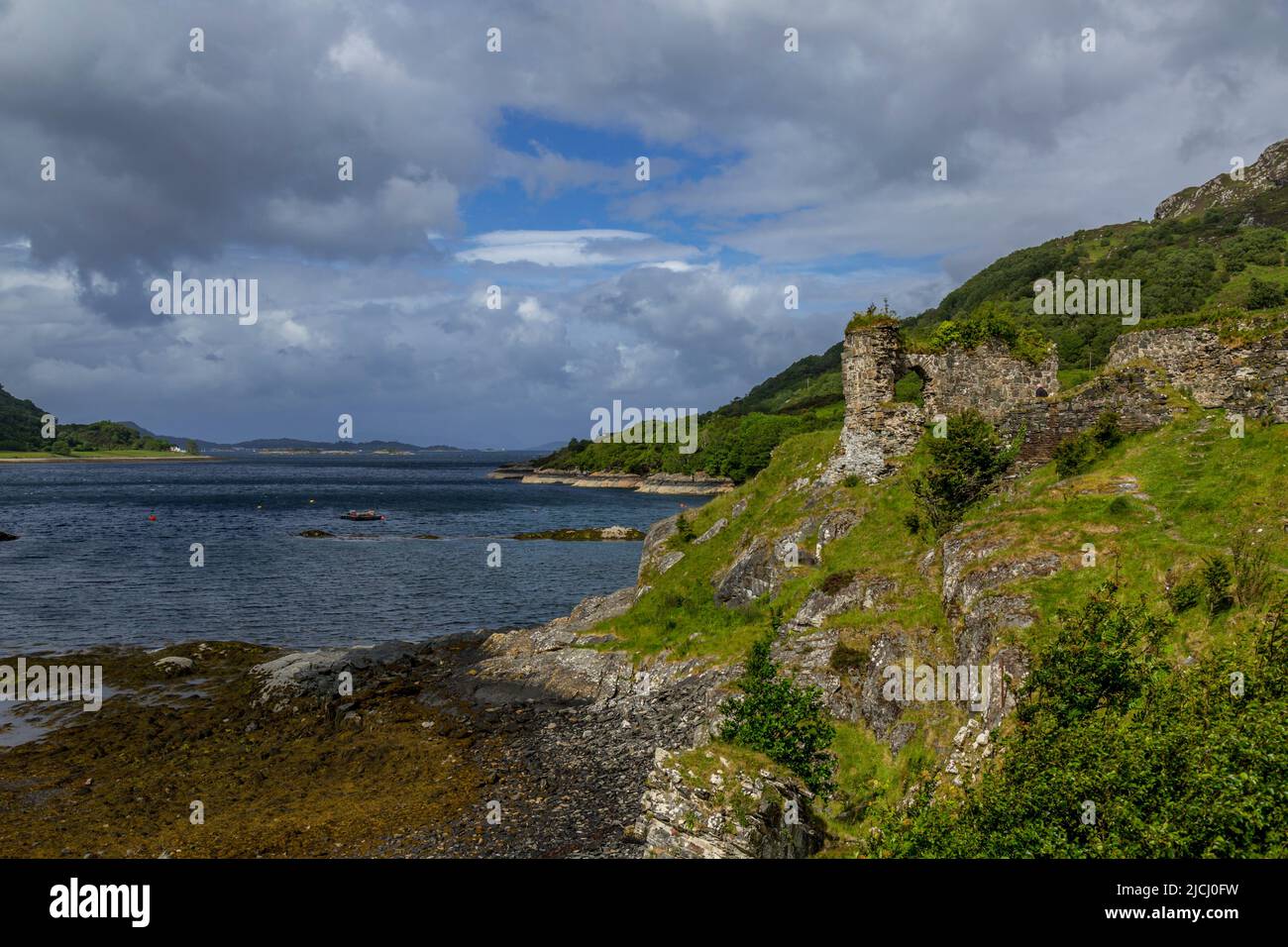 The ruins of Strome Castle in Northern Scotland. Built in the 1400's. Near the mouth of Loch Carron. Stock Photo