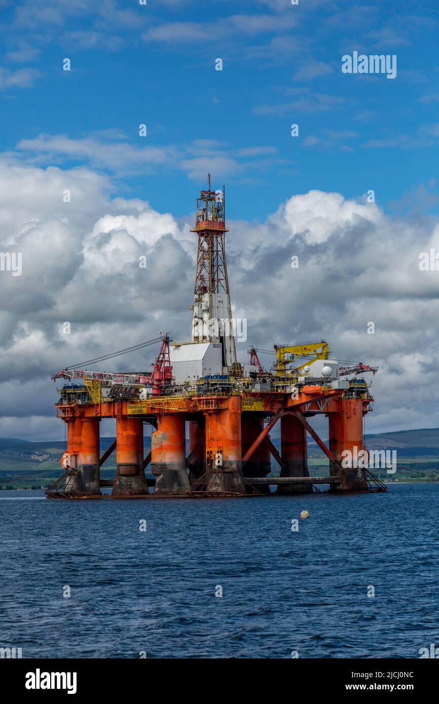 Stored Oil Rigs in Cromarty Firth in the North Coast of Scotland. Rigs are services and stored in the large Firth. Stock Photo