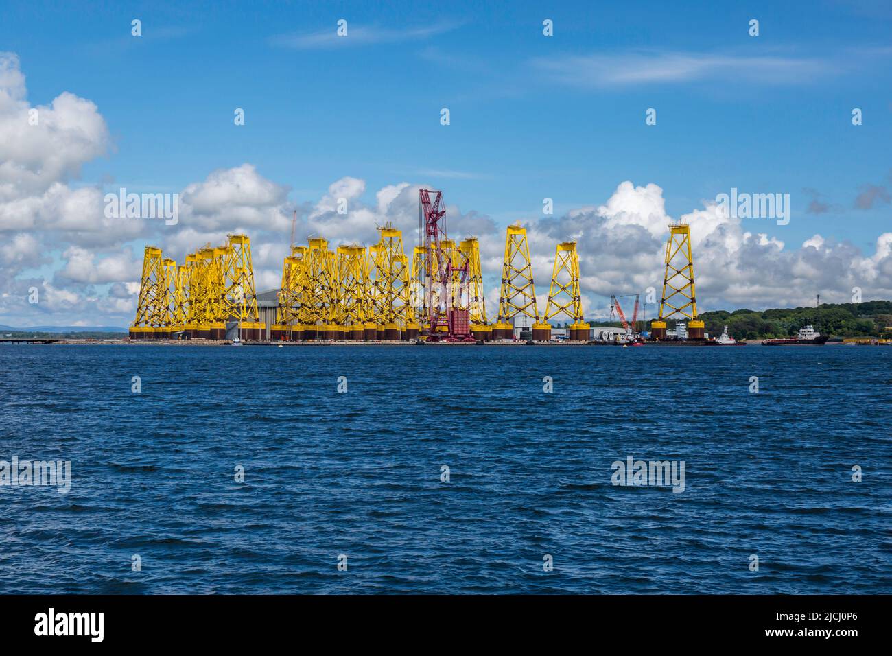 Stored Oil Rigs in Cromarty Firth in the North Coast of Scotland. Rigs are services and stored in the large Firth. Stock Photo