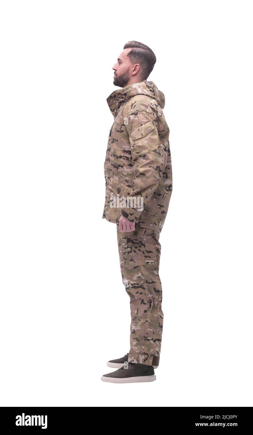 side view. a serious man in autumn camouflage . isolated on white Stock ...