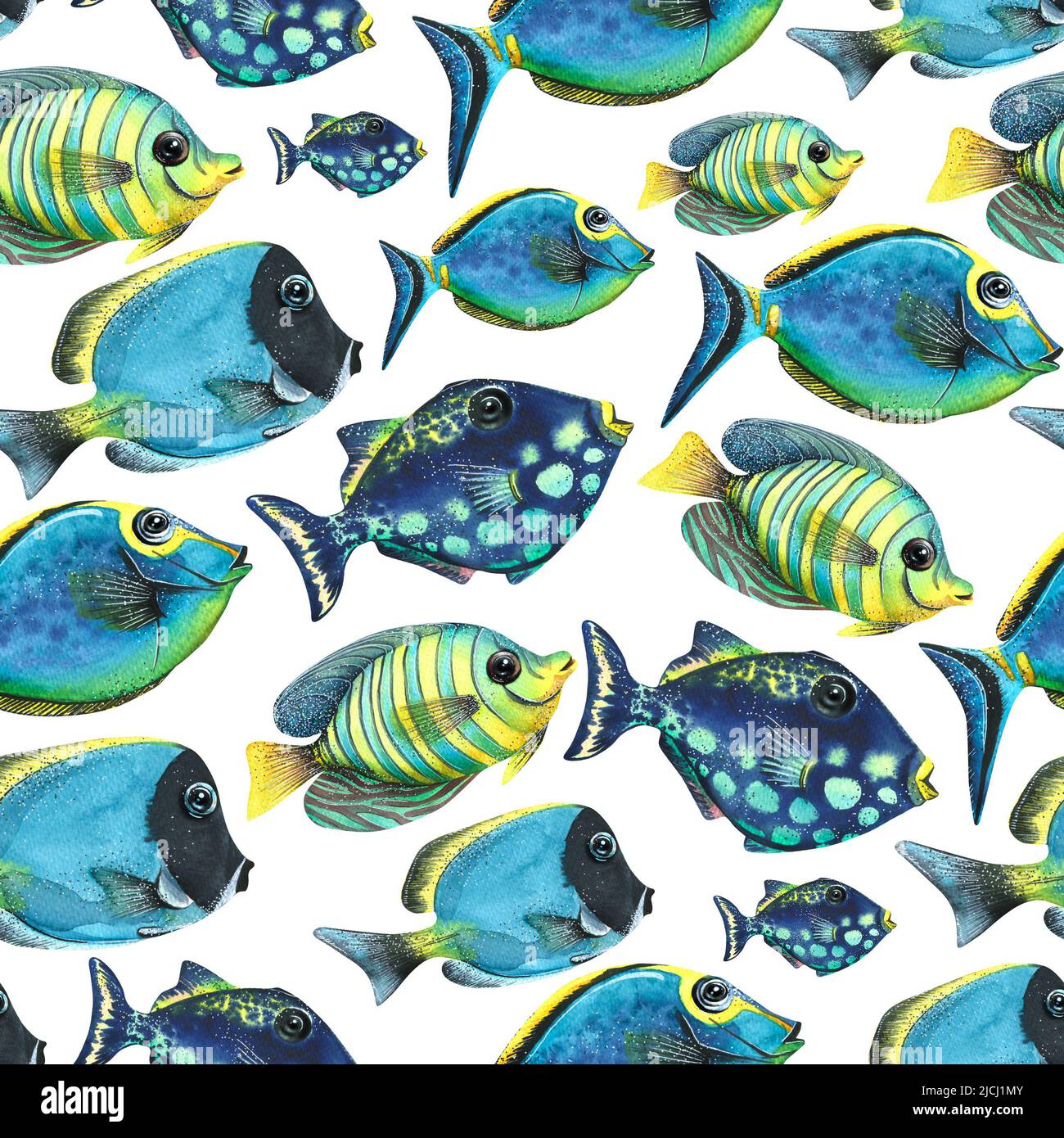 Tropical Fish Color Pattern Various tropical fish, a flock. Watercolor illustration. Seamless ...
