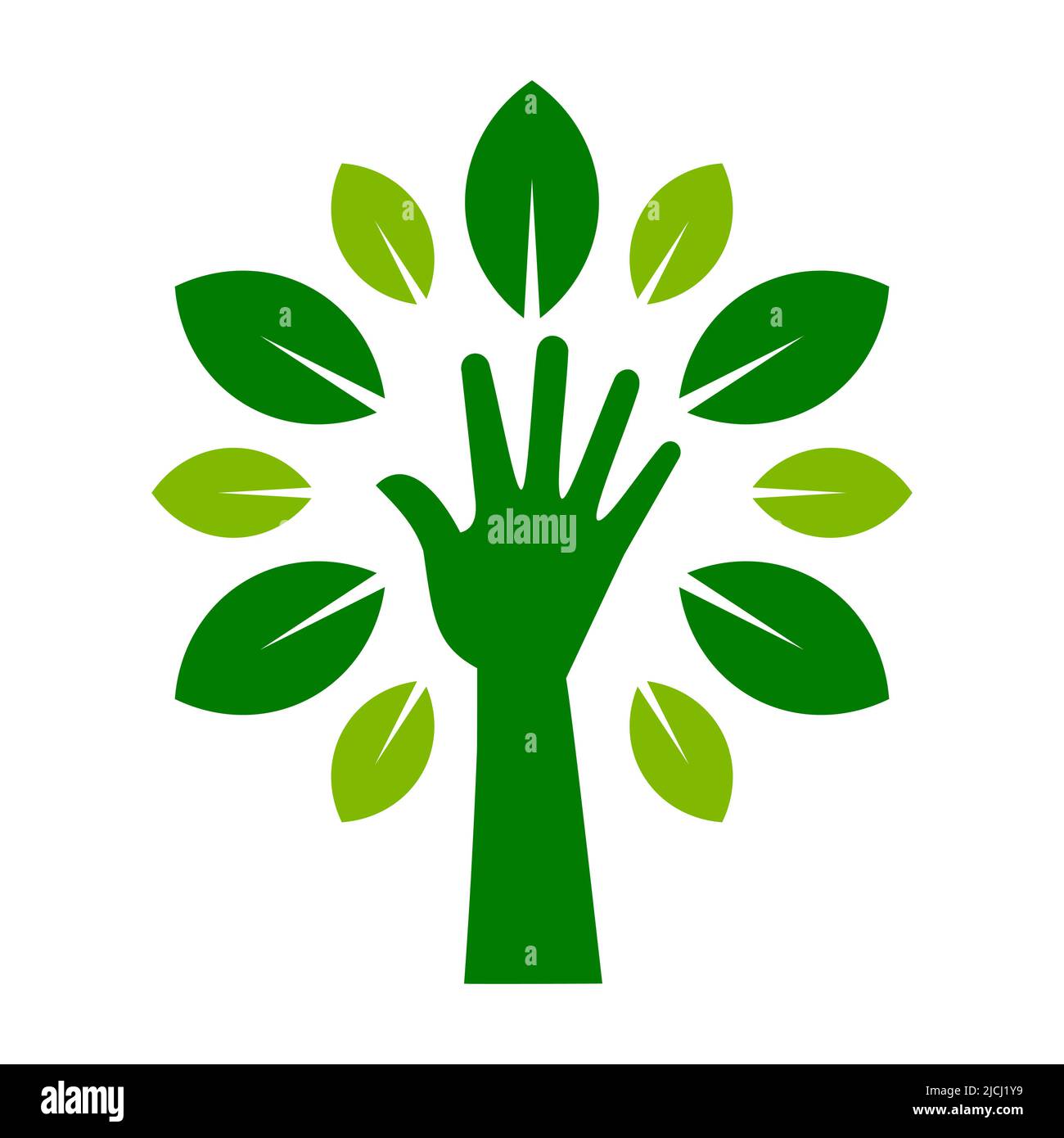 Green hand tree icon. Human arm with leaves. Green thumb idea. Organic