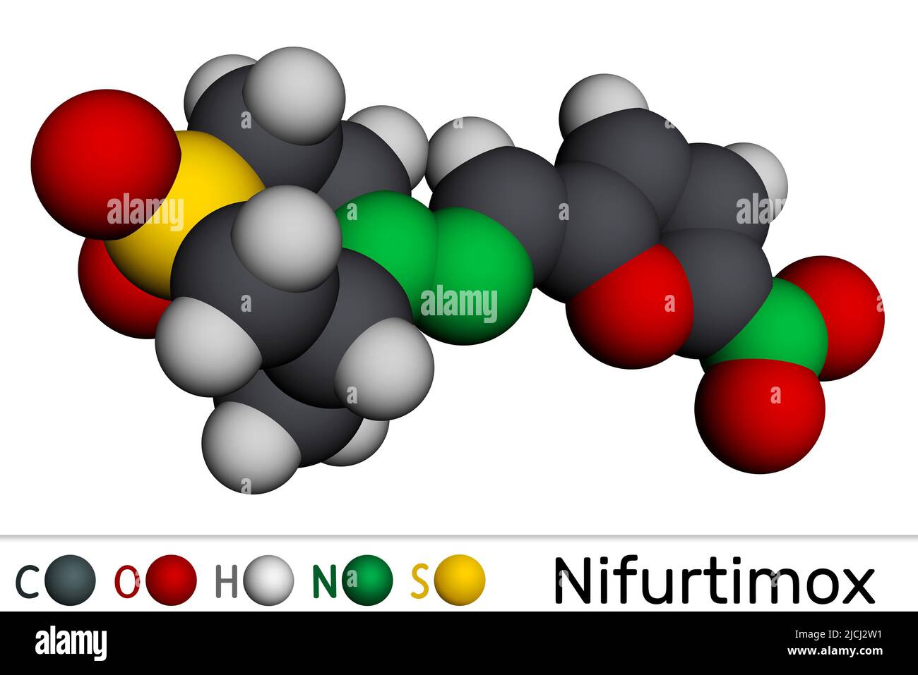 Nifurtimox molecule. It is antiparasitic drug used for the treatment of Chagas disease (Trypanosoma cruzi infection). Molecular model. 3D rendering Stock Photo
