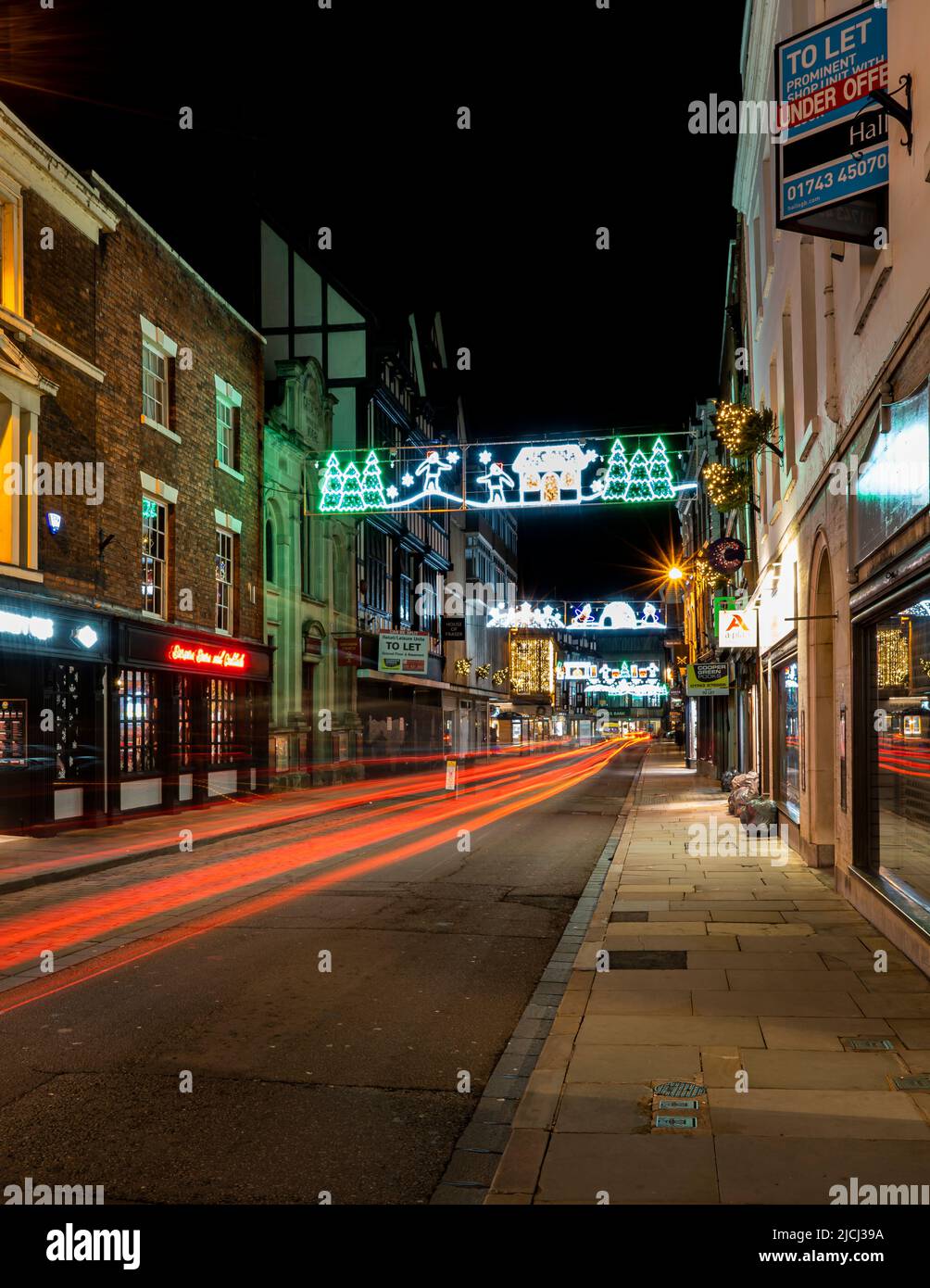 Shrewsbury High Street at night and Christmas lights. Shrewsbury