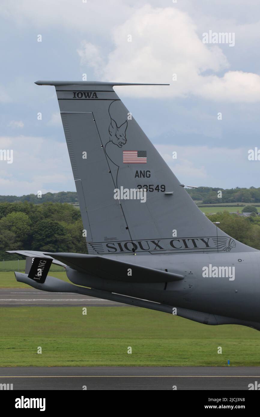 62-3549, a Boeing KC-135R Stratotanker operated by the 185th Air Refueling Wing of the Iowa Air National Guard, United States Air Force, departing from Prestwick International Airport in Ayrshire, Scotland. The aircraft was supporting 10 Fairchild Republic A-10C Thunderbolt IIs as they headed back to the USA, after participating in Exercise Swift Response. Stock Photo