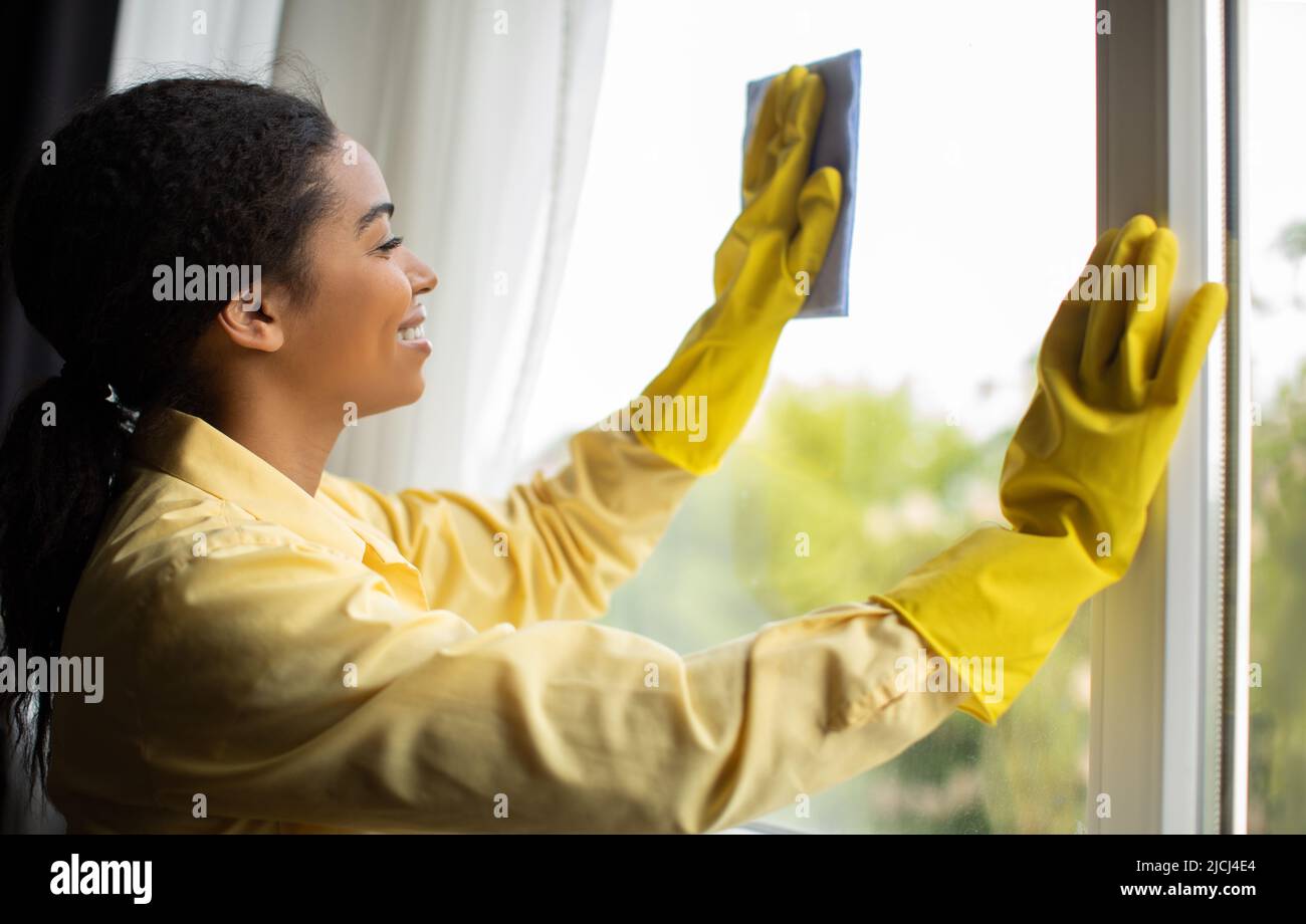 Cheerful Female Cleaning Window With Rag Wearing Gloves At Home Stock ...