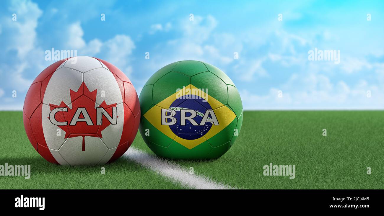 Brazil vs. Canada Soccer Match - Soccer balls in Brazil and Canada national colors on a soccer field. 3D Rendering Stock Photo