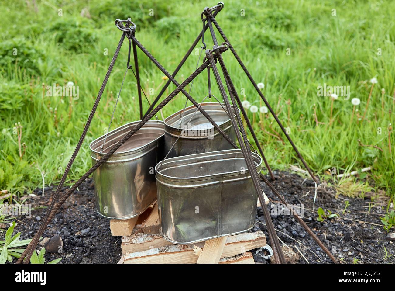 Hiking pot, Bowler in the bonfire. in cauldron at the stake. Traveling