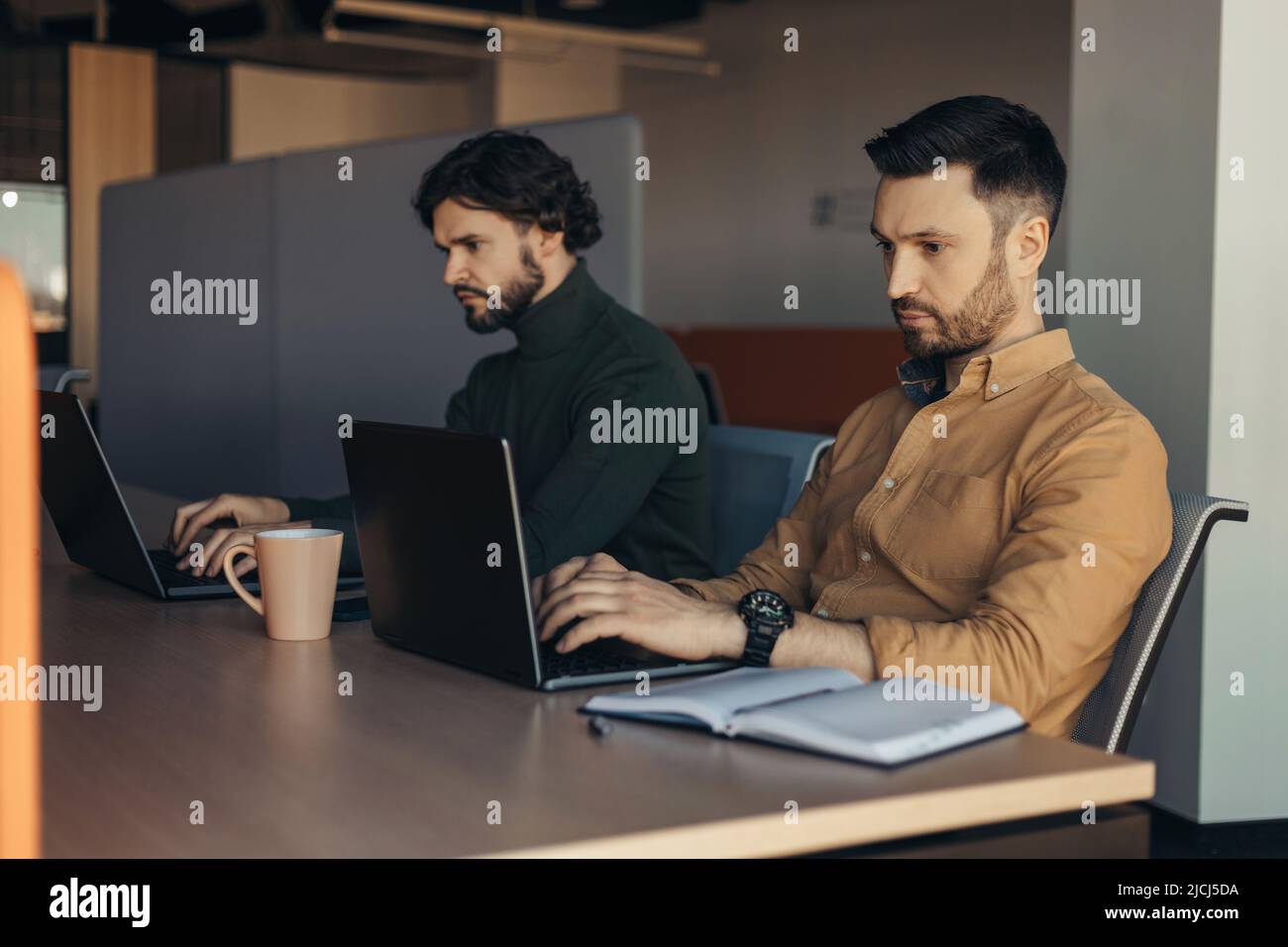 Focused male colleagues using laptop computers at desk in modern office, free space Stock Photo