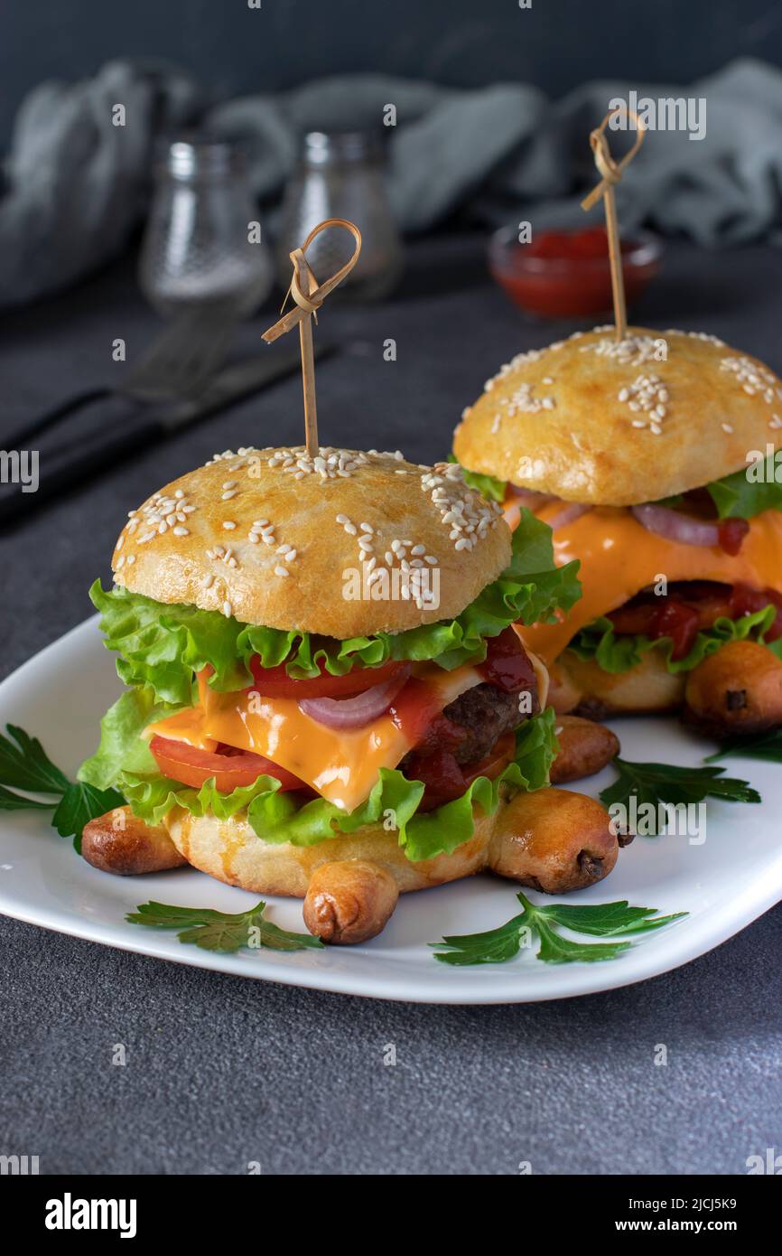 Homemade meat burgers in the shape of a turtle with toast cheese, lettuce and tomato on a white