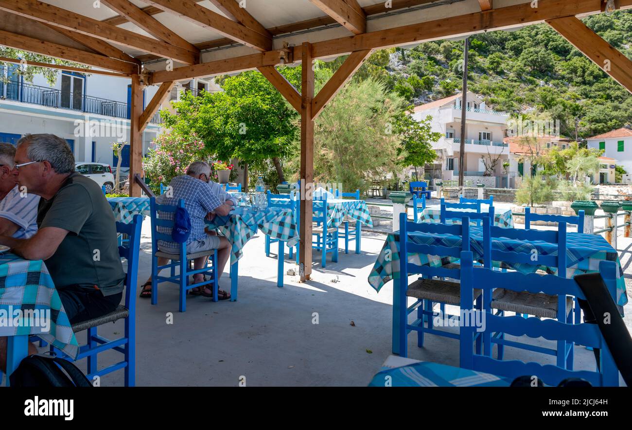 Ithaca Island, Greece- 05.26.2022. A restaurant in Frikes Port offering traditional Greek dishes. Stock Photo