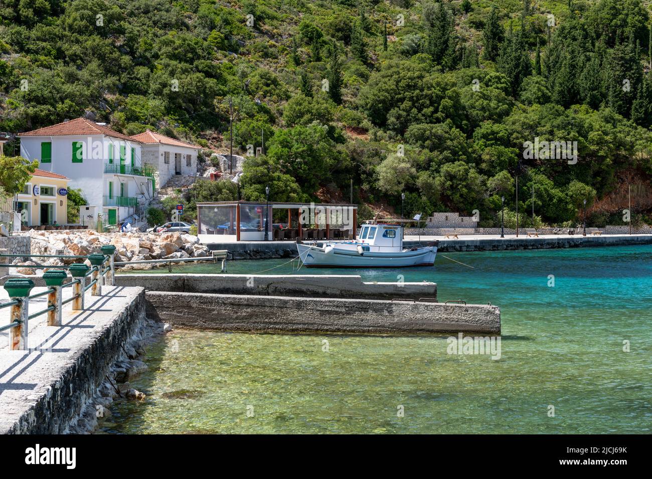 Ithaca Island, Greece- 05.26.2022. A view of Frikes Port. A very quiet sleepy village with a couple of restaurants and a few shops serving holiday mak Stock Photo