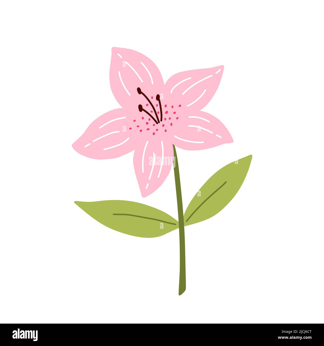 Cute azalea flower with leaves isolated on white background. Vector illustration in hand-drawn flat style. Perfect for cards, logo, decorations Stock Vector