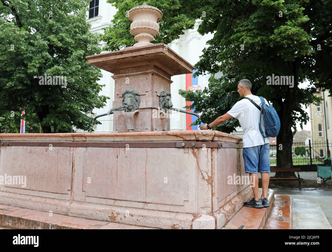 Tourist at the famous Four Lions Fountain in Sremski Karlovci Stock Photo
