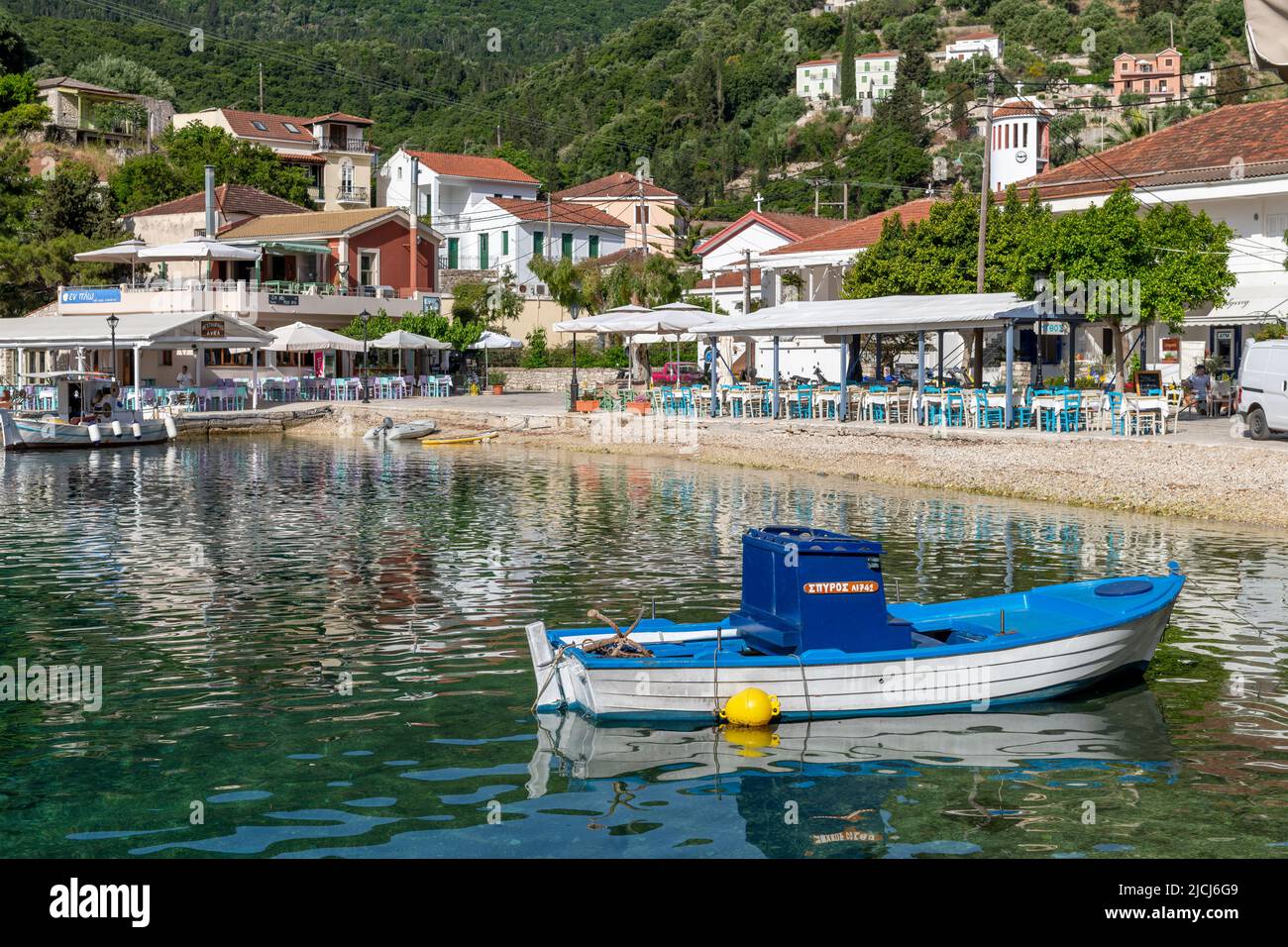 Ithaca Island, Greece-05.25.2022. A general view of the seafront of Kioni with its apartments restaurants and shops to cater for holiday makers. Stock Photo