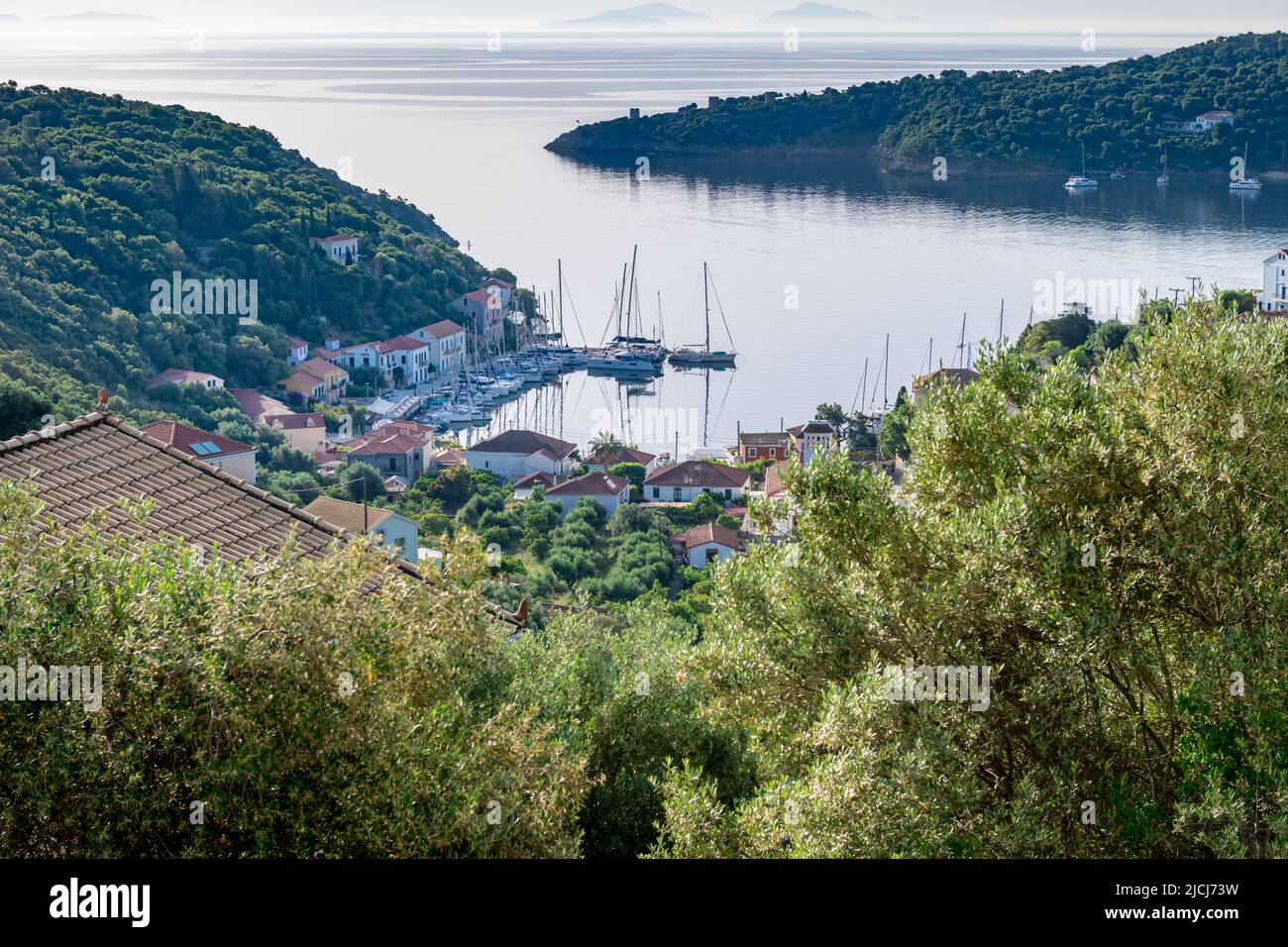 An overview of Kioni, a beautiful seaside village, holiday resort on Ithaca Island, Greece. Stock Photo