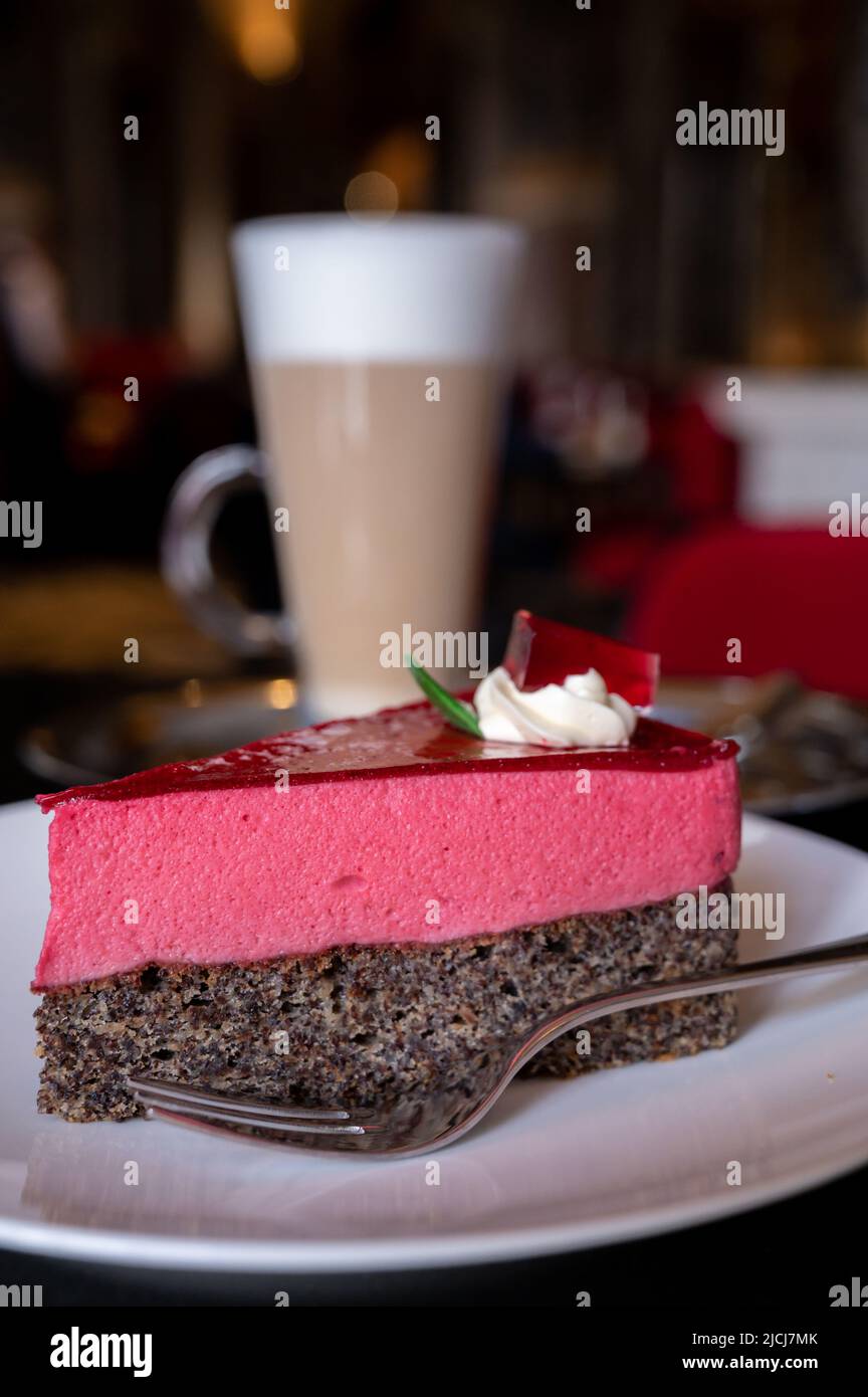 Piece of famous Poppy seed cake with raspberry mousse of Austrian ...