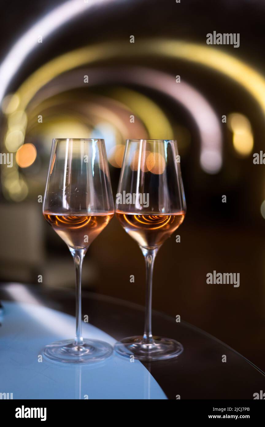 Tasting of brut champagne sparkling wine produced by traditional method