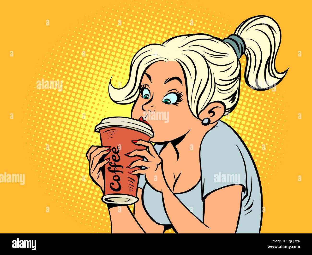 Beautiful girl drinking hot coffee, paper cup, morning cafeteria Stock Vector
