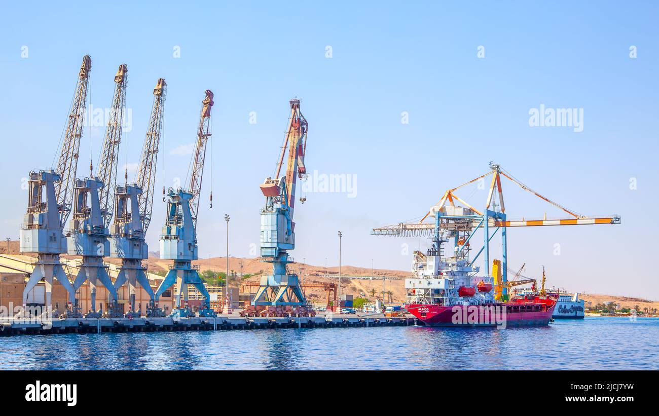 Eilat, Israel - May 22, 2009: Port cranes in cargo port in Eilat Stock Photo