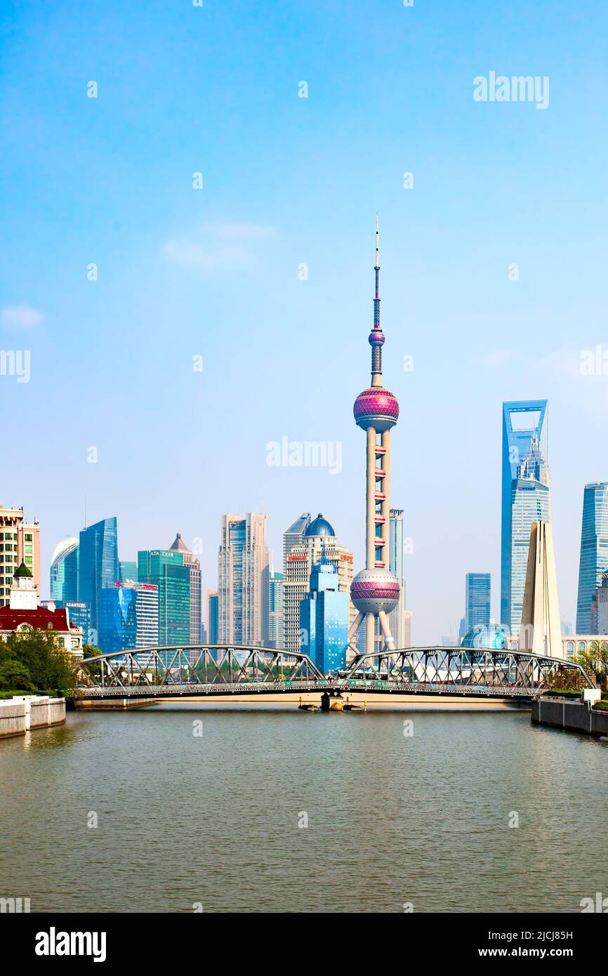 Shanghai, China - April 14, 2014: Pudong New Area in Shanghai city and Huangpu river Stock Photo