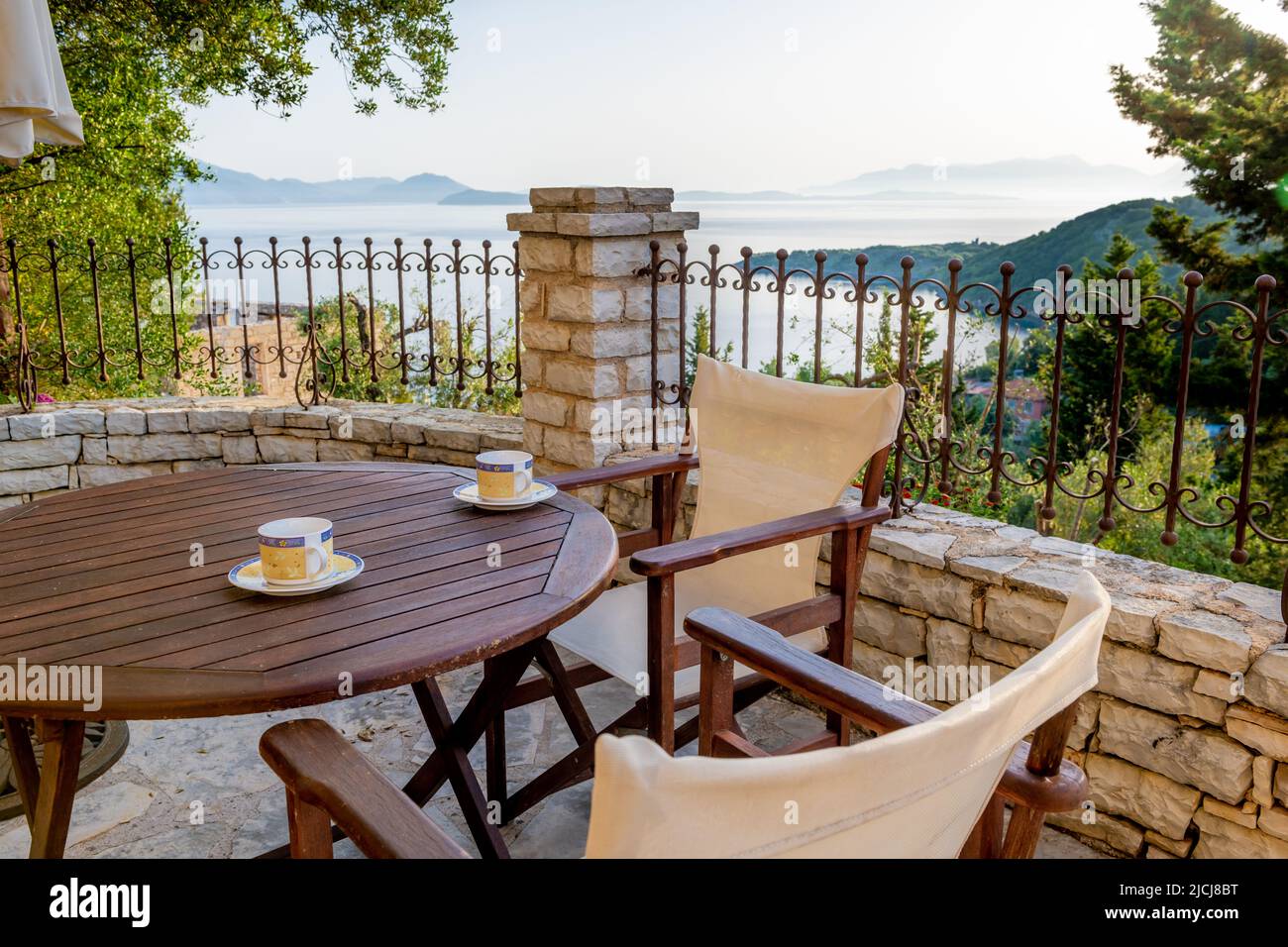 A terrace with a beautiful sea view on Ithaca Island, Greece. Stock Photo
