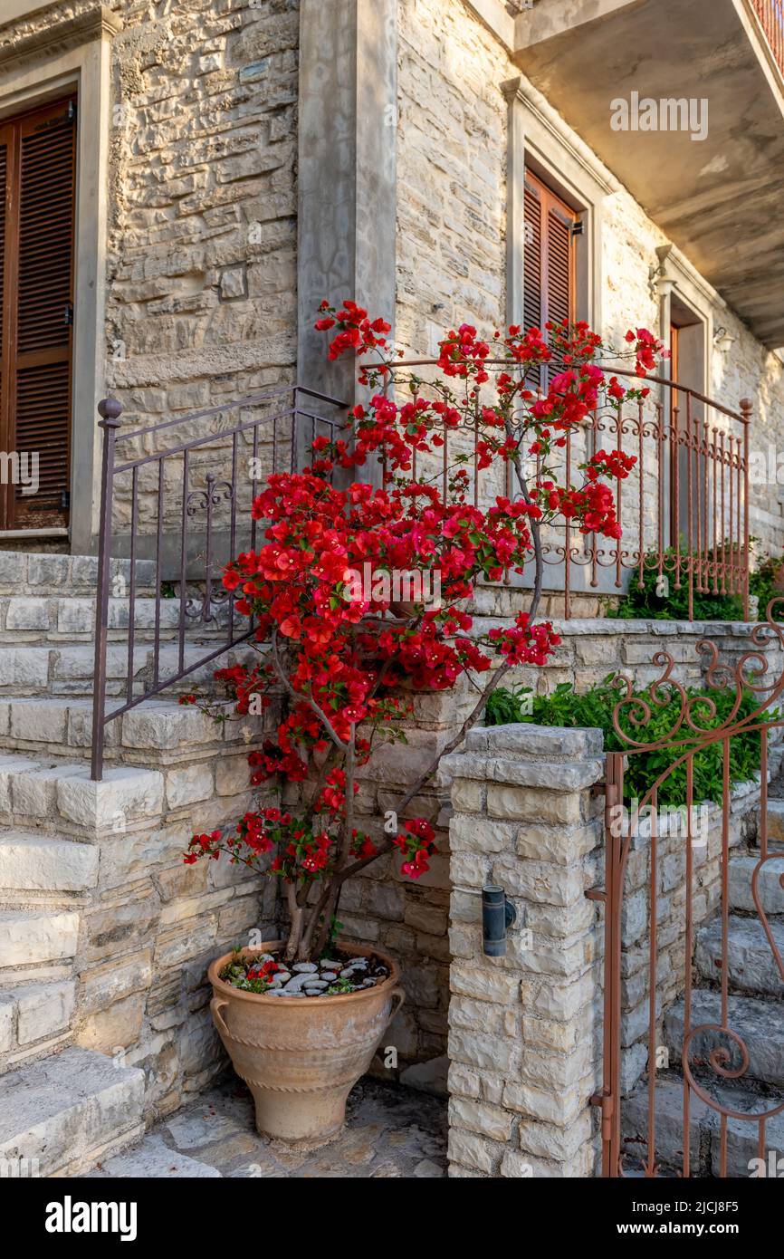 A beautiful traditional style stone house on Ithaca Island, Greece, decorated with pot plants. Stock Photo