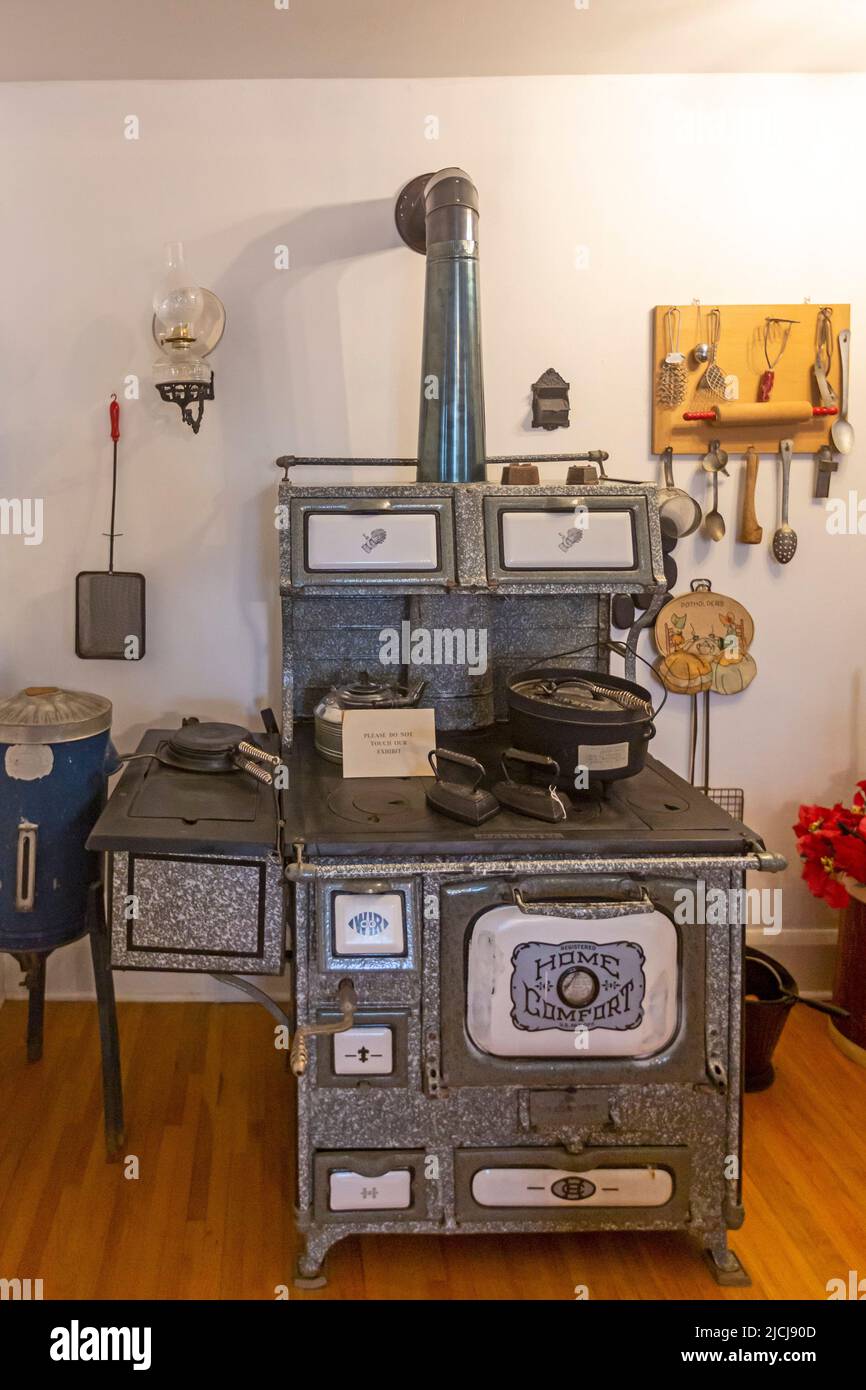 Liberal, Kansas - A wood burning Home Comfort stove at the Coronado Museum. The museum displays the history of the pioneers who settled southwest Kans Stock Photo