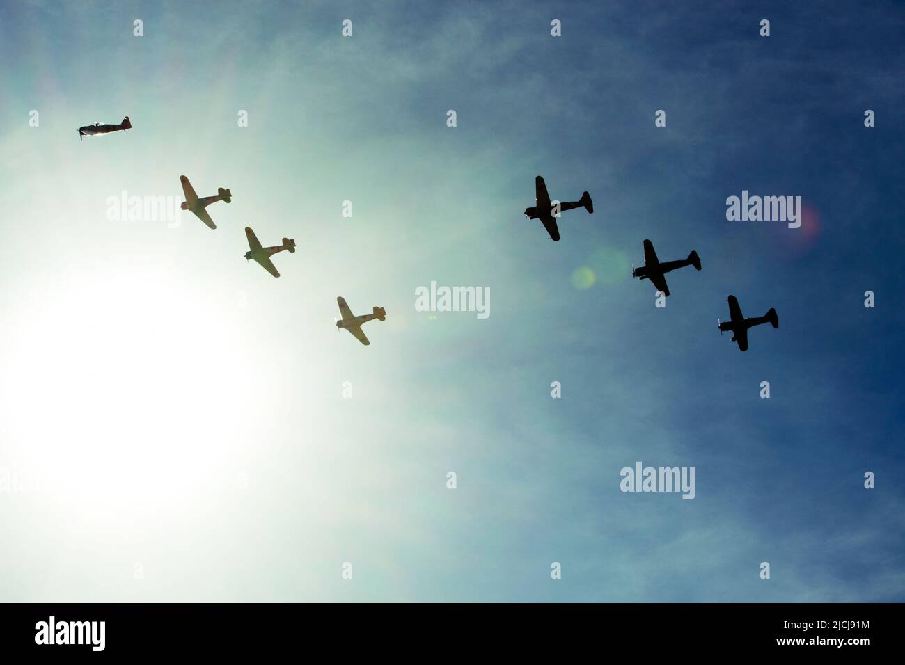 Flyover of vintage military aircraft. Stock Photo