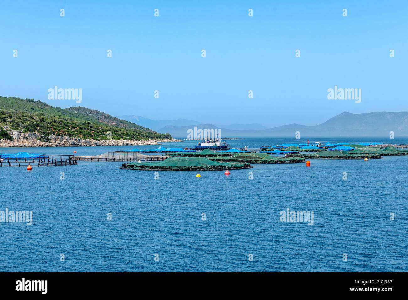 Fish farms in the Ionian Sea off the coast of mainland Greece. Stock Photo