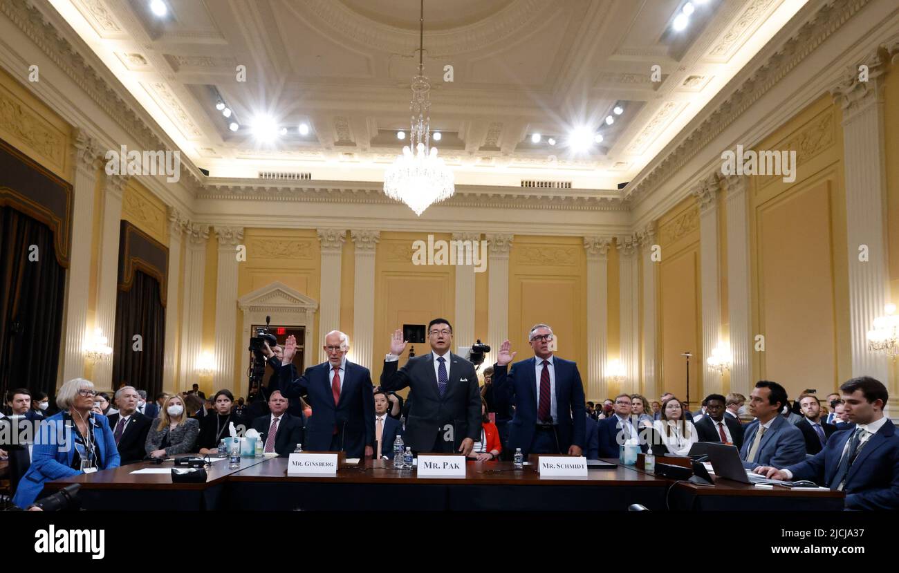 Republican election attorney Ben Ginsberg, former U.S. Attorney for Georgia Bjay Pak, who resigned as former President Trump sought to overturn Georgia's 2020 election results and Al Schmidt, the only Republican on Philadelphia's 2020 elections board, are sworn in to testify during the second public hearing of the U.S. House Select Committee to Investigate the January 6 Attack on the United States Capitol, on Capitol Hill in Washington, U.S., June 13, 2022. Credit: Jonathan Ernst/Pool via CNP Stock Photo