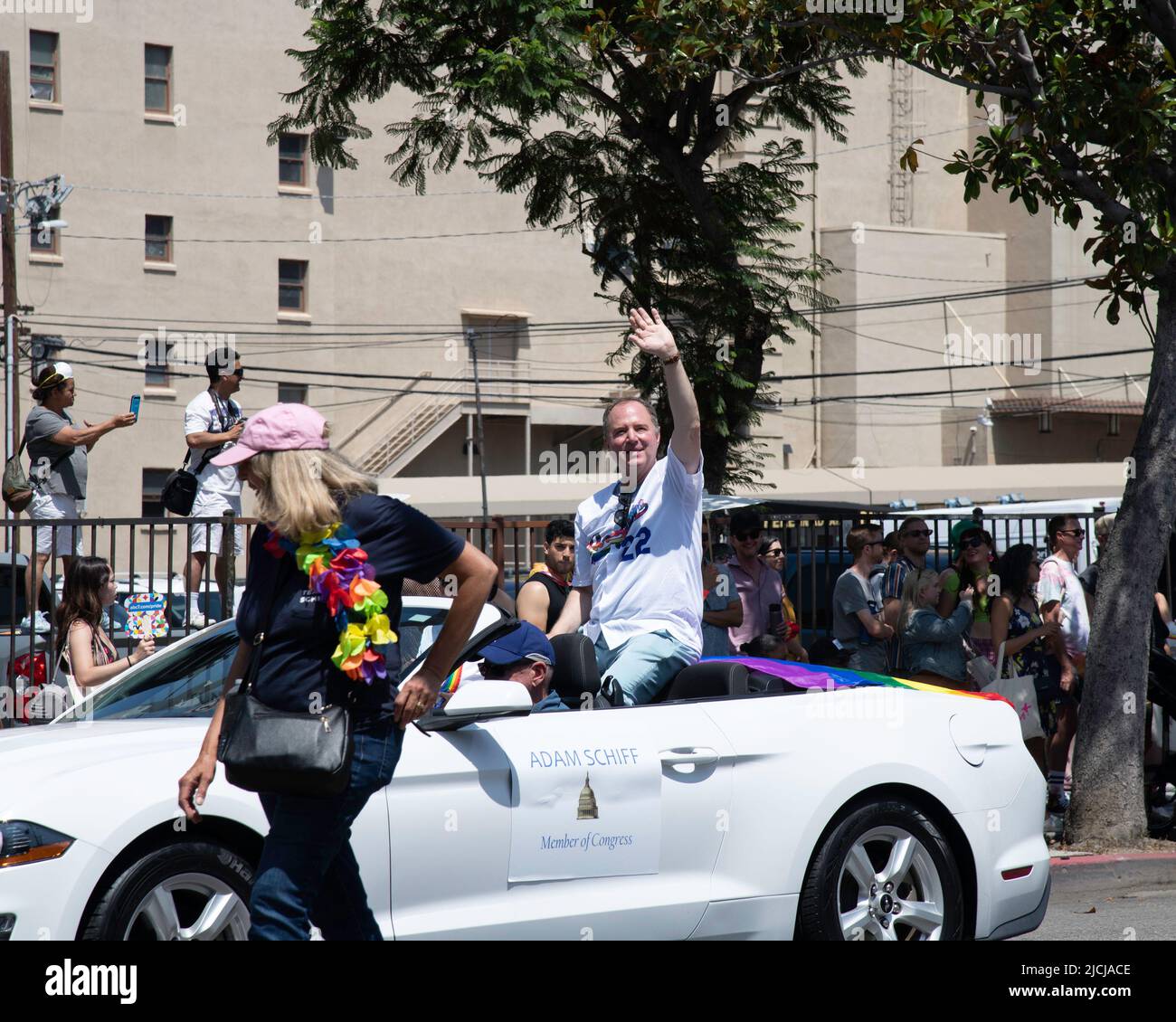 Los Angeles, CA, USA – June 12, 2022: Congressional representative Adams Schiff waves to the crowd at the LA Pride Parade in Los Angeles, CA. Stock Photo