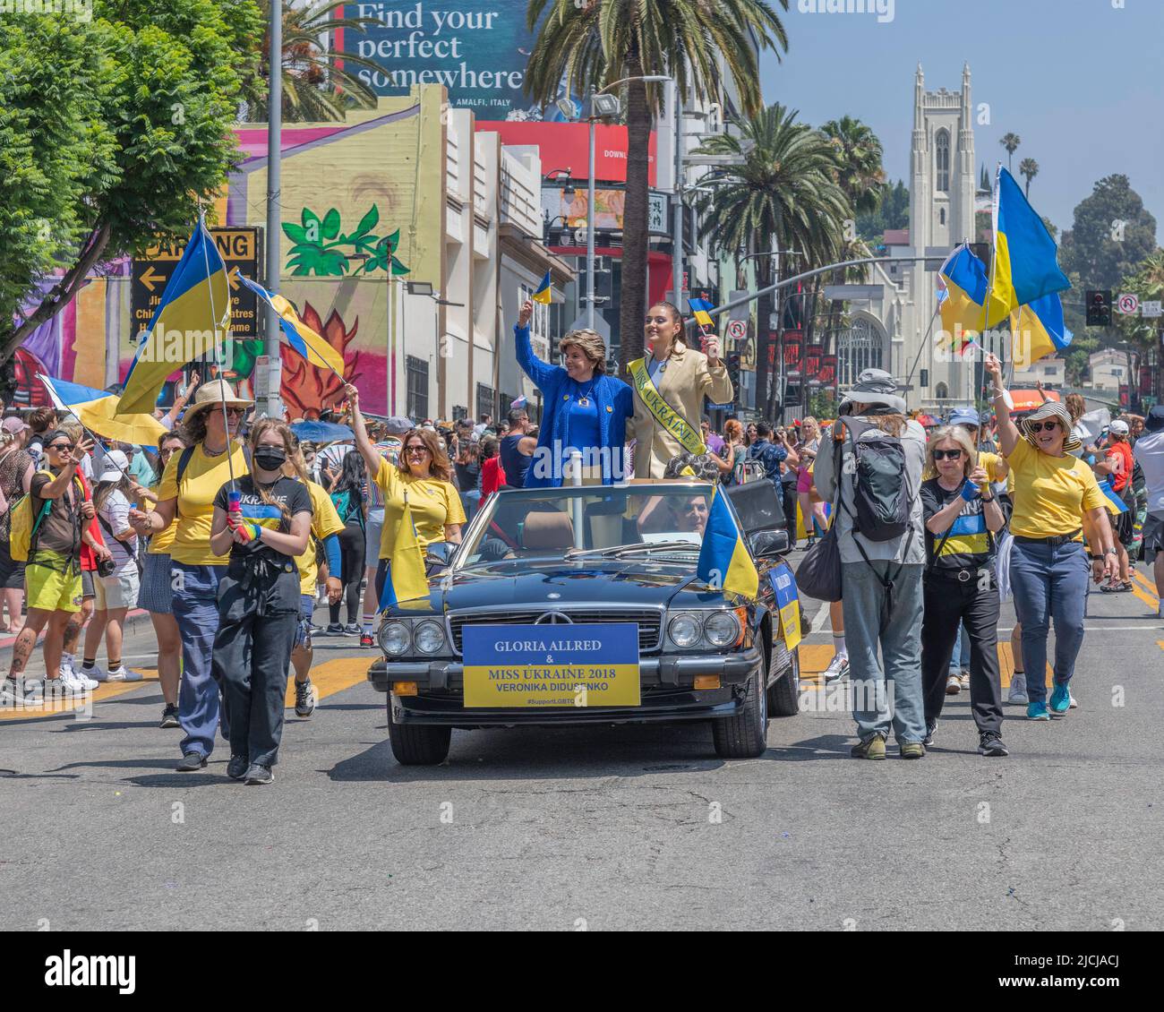 Los Angeles, CA, USA – June 12, 2022: Attorney Gloria Allred and Miss Ukraine Veronika Didusenko ride in the LA Pride Parade in Los Angeles, CA. Stock Photo