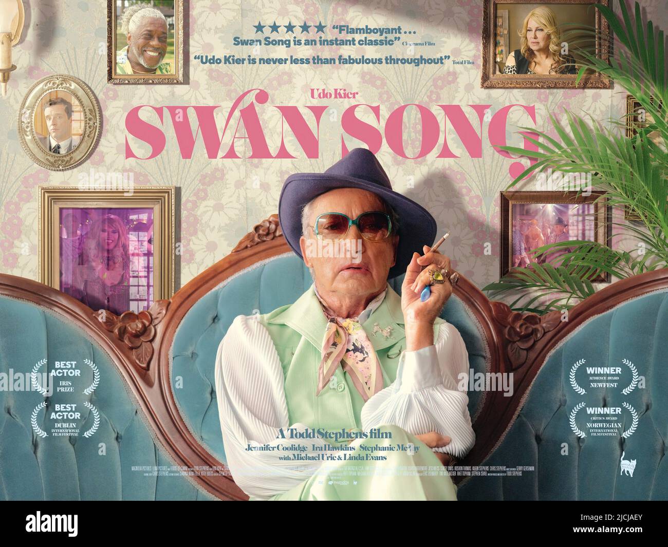 SWAN SONG, British poster, Udo Kier (front), Ira Hawkins (top left), Michael Urie (left, round